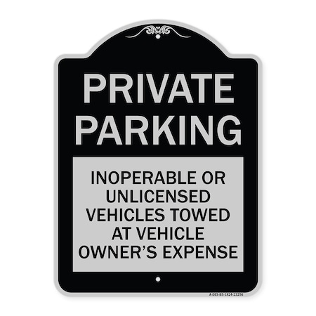 Signmission Private Parking Inoperable or Unlicensed Vehicles Towed at Vehicle Owners Expense, BS-1824-23256 A-DES-BS-1824-23256